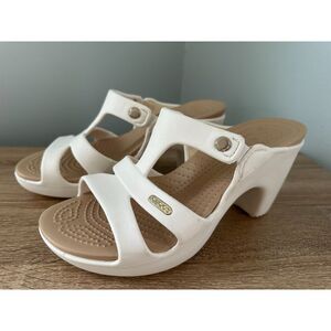 Crocs Cyprus V White Tan Heels Open Toe Sandals Women's Size 8